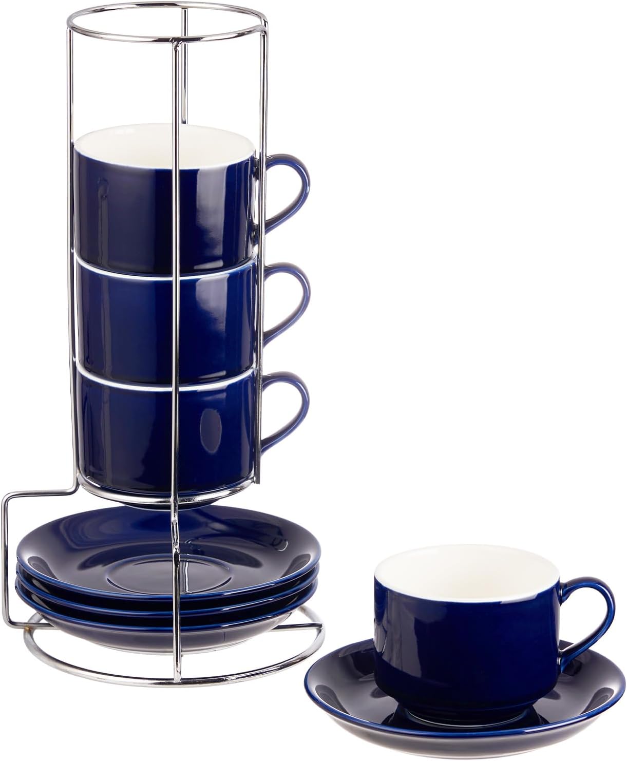 8 Ounce Porcelain Cappuccino Cups with Saucers and Silver Stand, Navy Cups Set of 4