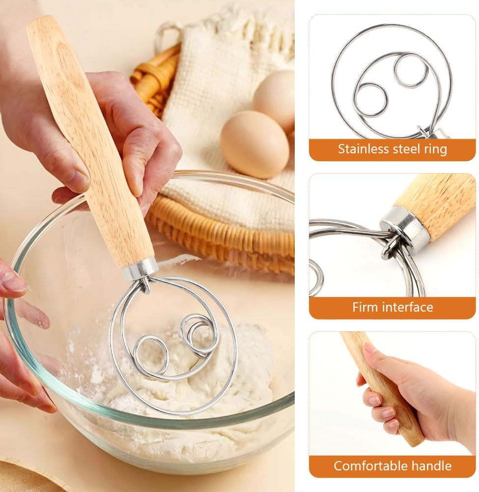 Danish Dough Whisk with Sourdough Scoring Tool, Bread Making Tools Baking Supplies, Dough Hook Dutch Whisk, Bread Lame, Bench Scraper & Pastry Brush, Set of 6(6pcs,COLOR:silver)