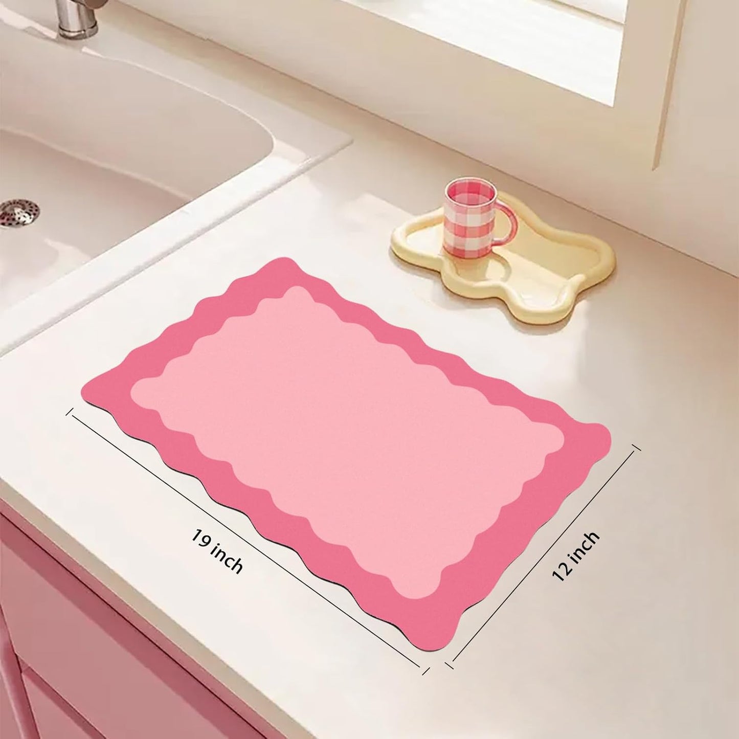 Scalloped Coffee Bar Mat for Countertop, Cute Dish Drying Mats for Kitchen Counter, Diatomite Absorbent Mat for Coffee Station, Kitchen Aesthetic Decor(12"x19", Rose Pink)