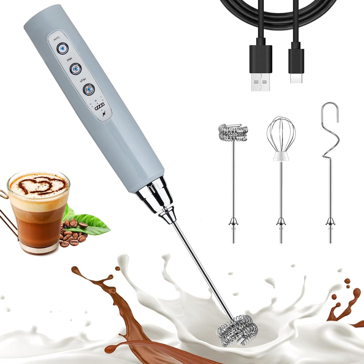 Nahida Cement Gray Milk Frother Wand for Coffee, Frother Handheld Rechargeable Electric Whisk with 3 Heads 3 Speeds Drink Mixer Coffee Frother Foam Maker For Latte, Cappuccino, Hot Chocolate, Egg