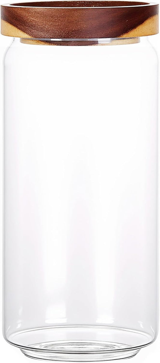 960ML/32Oz Clear Cute Glass Storage Canister Holder with Stackable Airtight Wood Lid, Modern Decorative Container Jar for Coffee, Spice, Candy, Salt, Cookie, Condiment, Pepper, Sugar