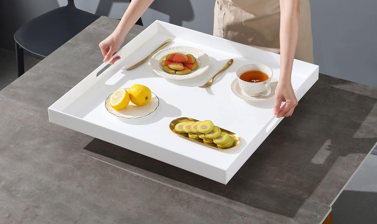 Glossy White Sturdy Acrylic Serving Tray with Handles-24x24Inch-Serving Coffee,Appetizer,Breakfast,Butler-Kitchen Countertop Tray-Makeup Drawer Organizer-Vanity Table,Ottoman Tray-Decorative