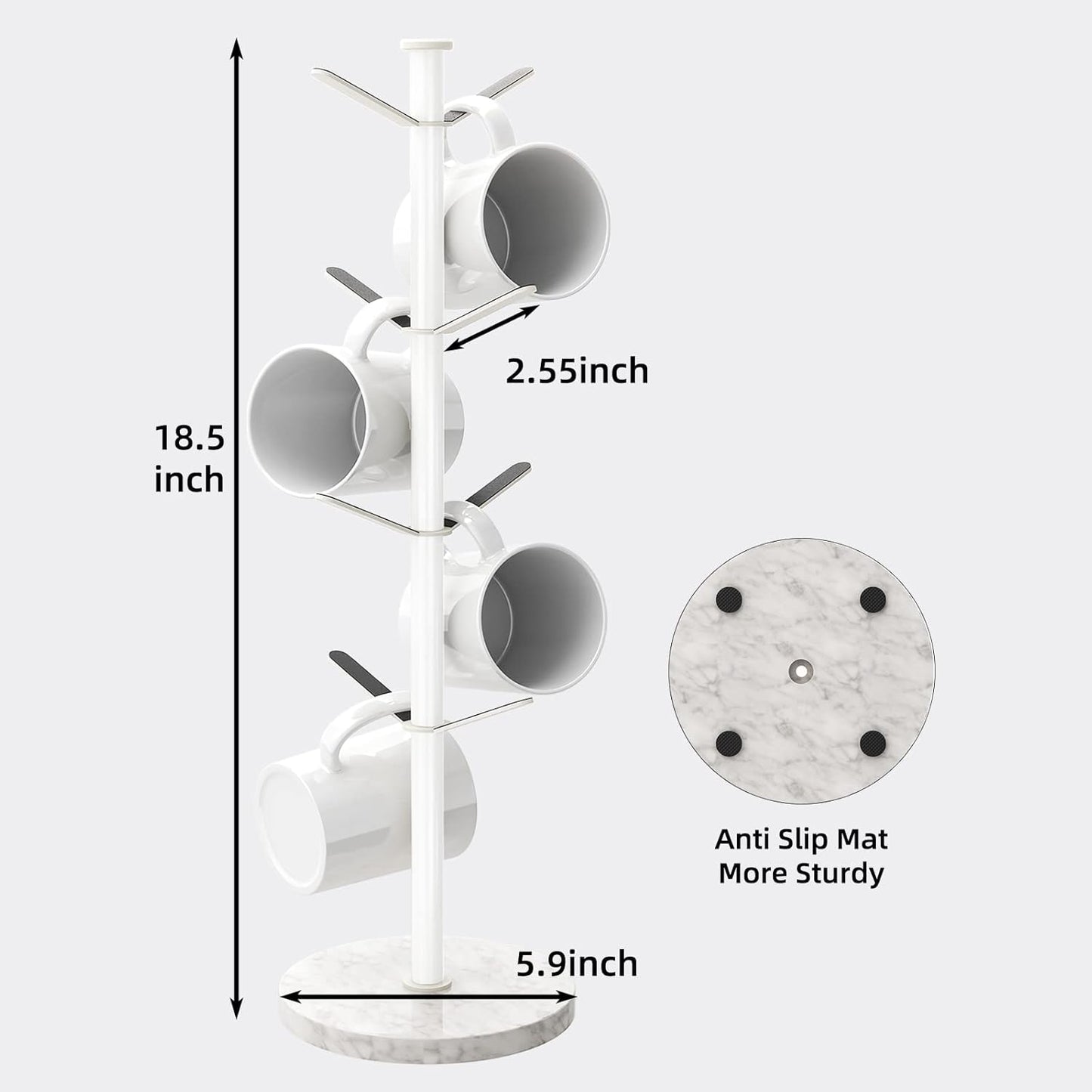 Mug Holder Tree with Marble Base, 8 Hooks White Coffee Cups Holder Stand, New Upgrad Stable Removable Mug Rack for Kitchen Cafe