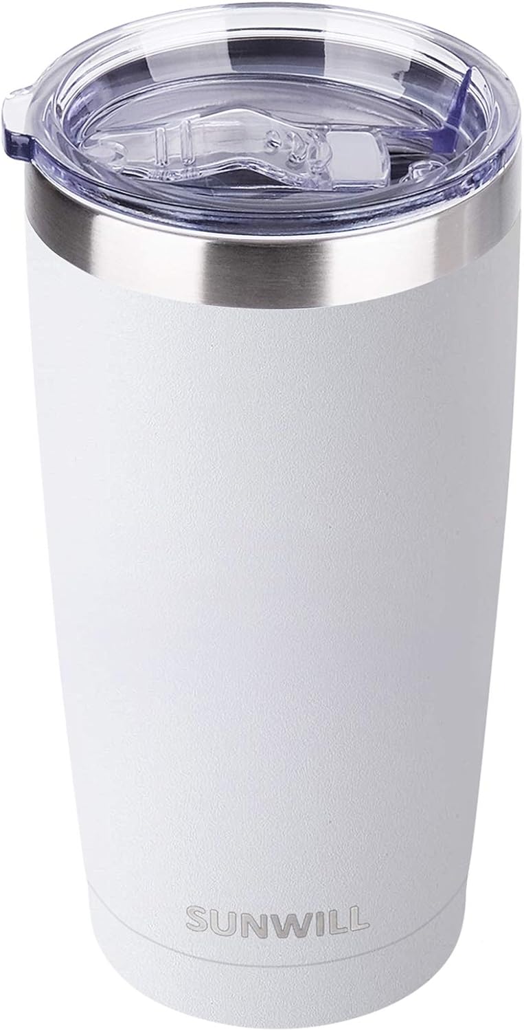 SUNWILL Travel Coffee Tumbler 20 oz, Insulated Mug with Lid, Stainless Steel Cup for Hot and Cold Drinks, Powder Coated White