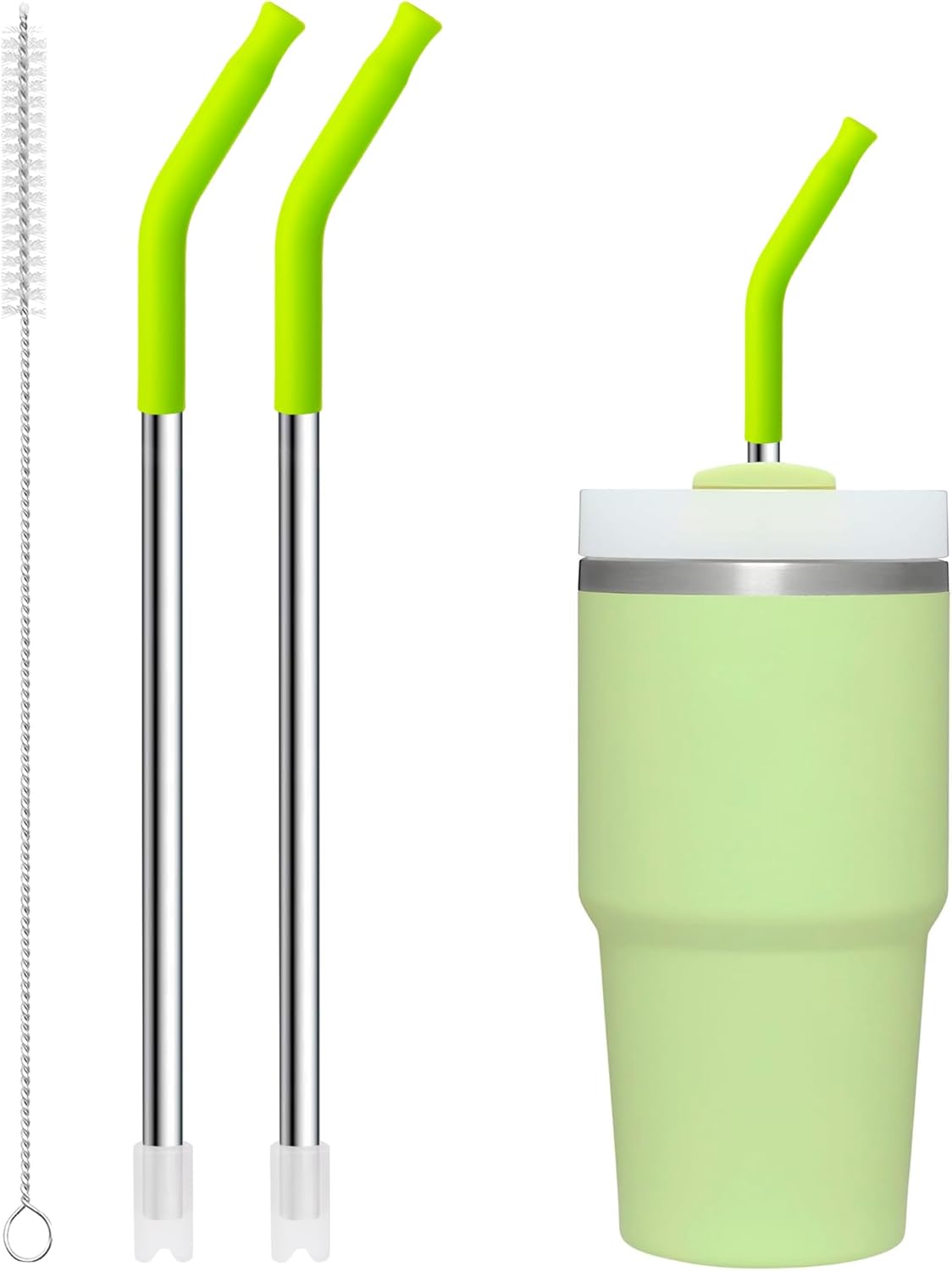 Snowfall 2 Pcs Replacement Metal Straws for Stanley 14 OZ, 20 OZ Tumbler, Stainless Steel Straws with Silicone Tip for 20 OZ Tumbler, Straw Brush (Apple Green)