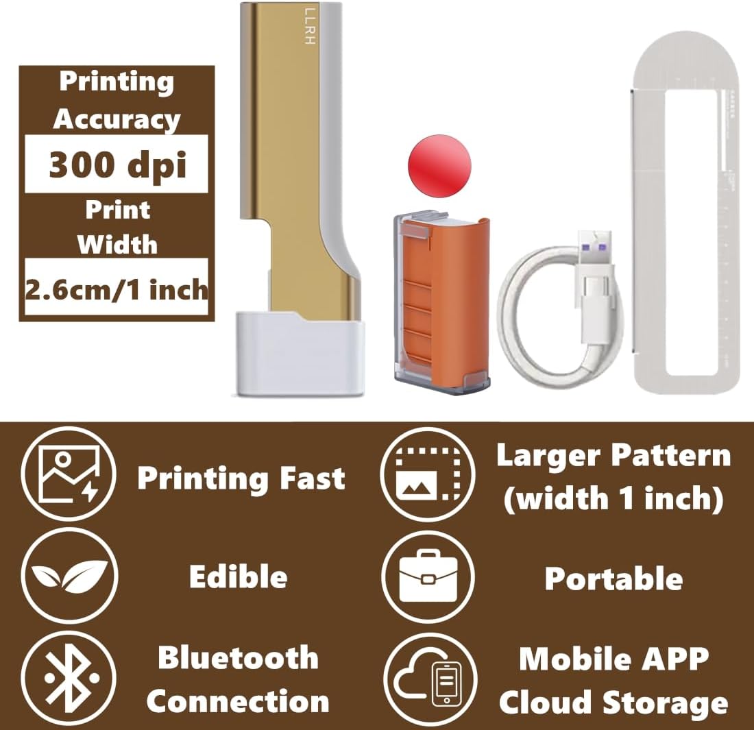 LLRH Latte Art Food Printpen DIY Image for Coffee Beer Cocktails Macaron Cookie, Bluetooth, for Home, Small Shops (Red)