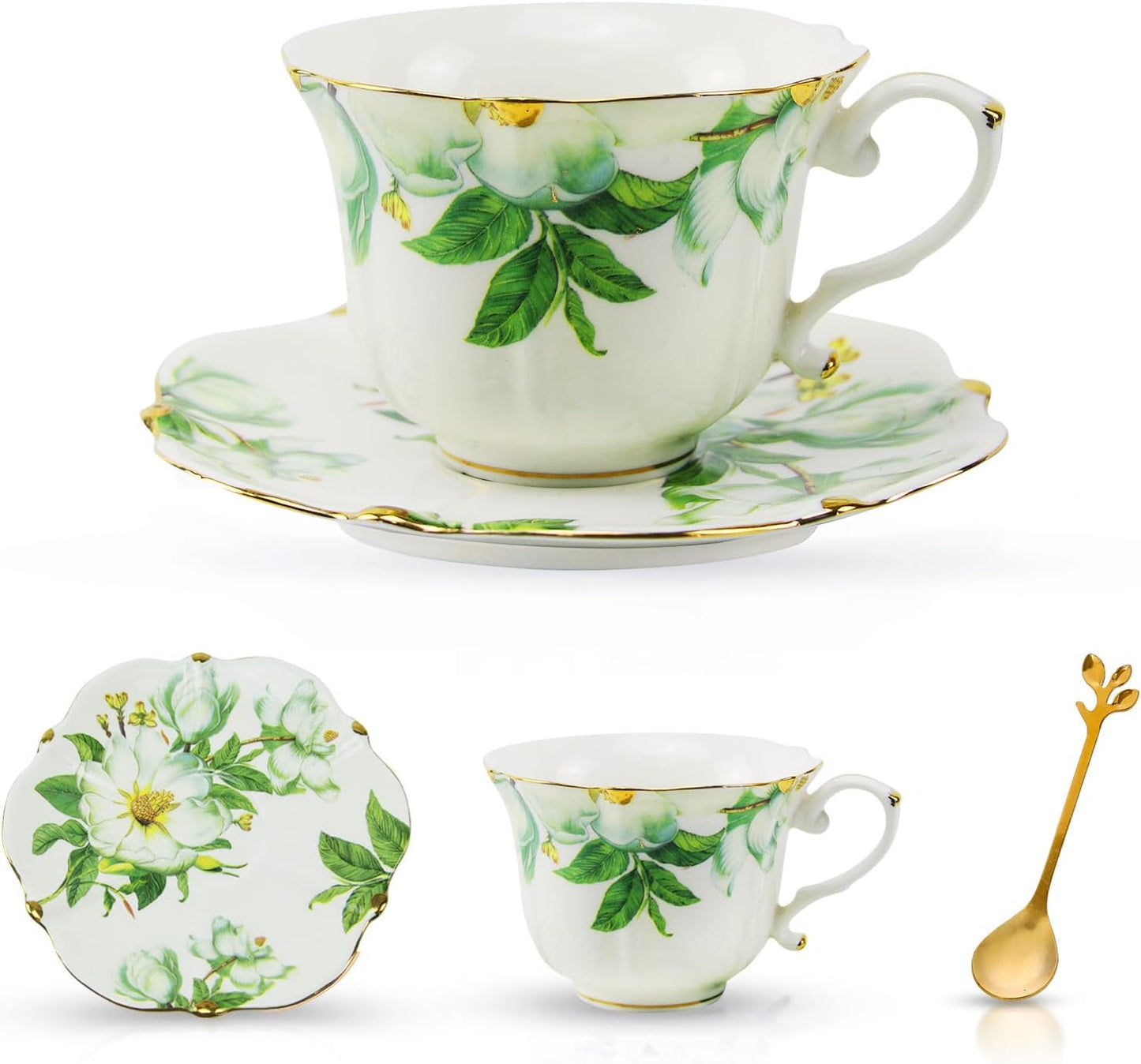 TATSUMI Country Roses Bone China Tea Cup and Saucer Set, 3 Pieces, Vintage Style, For Women and Tea Parties(Green,1 Set)