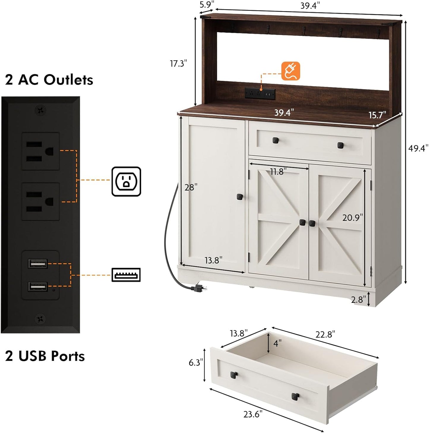 Wnutress Farmhouse Coffee Bar Cabinet with Drawer, 39" Kitchen Hutch Sideboard Buffet Cabinet with Charging Station and Adjustable Shelves, Coffee Bar Storage Table for Living Room, Antique White