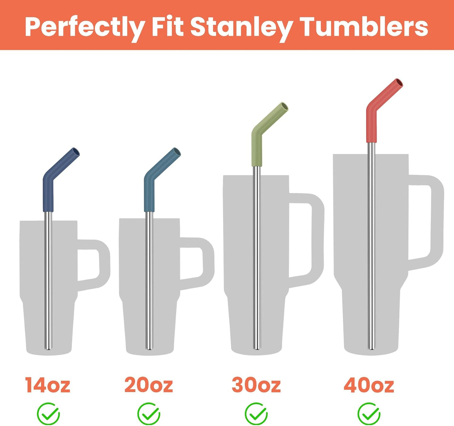 Tomorotec 6-Pack Reusable Stainless-Steel Straws with Silicone Tips, 3 Sizes Compatible with Stanley Tumblers 40OZ 30OZ 20OZ 14OZ, Dishwasher Safe, Includes 2 Cleaning Brushes (Dark Rainbow)