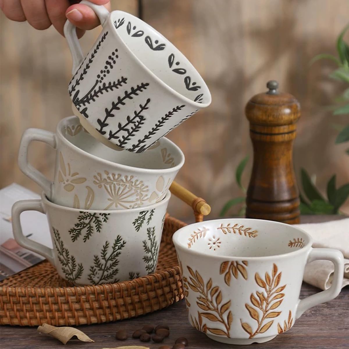 Ceramic Mug with Coffee Spoon Set of 1, 11oz - Vintage Cups Mug for Coffee Milk Latte Cappuccino Tea, Porcelain Cups Dishwasher Microwave Freezer Safe Stoneware 1 PCS Black Leaf Cup