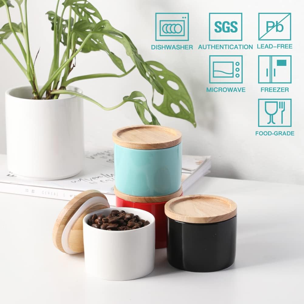 Sweejar Kitchen Canisters Ceramic Food Storage Jar, Stackable Containers with Airtight Seal Wooden Lid for Serving Ground Coffee, Tea, Sugar, Spice and More - 5 Fl Oz(Red)