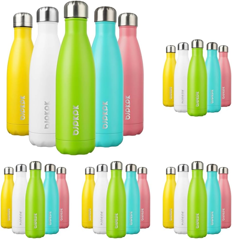 BJPKPK Insulated Water Bottles -17oz/500ml -Stainless Steel Water bottles, Sports water bottles Keep cold for 24 Hours and hot for 12 Hours,BPA Free water bottles,Green (Pack of 5)