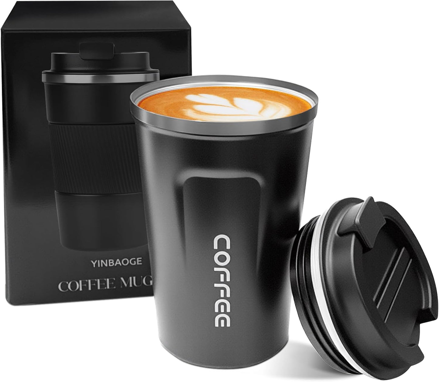 YINBAOGE Insulated Travel Coffee Mug Spill Proof Leak Proof Pobtable To Go Camping Stainless Steel Coffee Tumbler Reusable Coffee Cups with Lids Thermos for Hot and Cold Drink (2nd-Black, 12 OZ)