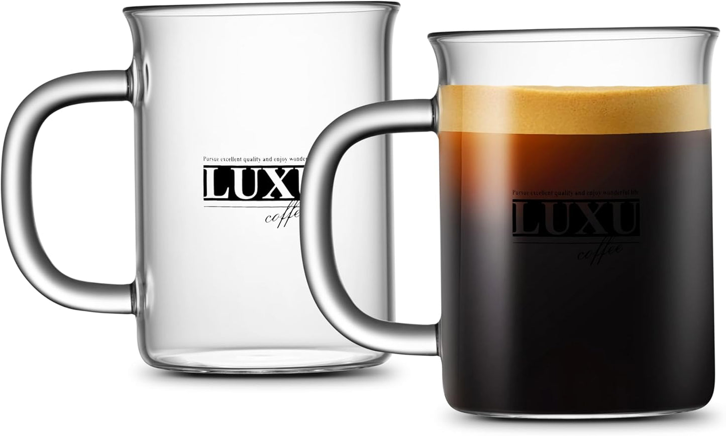 LUXU Borosilicate Glass Coffee Mugs (Set of 2)-15 oz,Clear Tea Cups,Lead-free Drinking Glasses with Handle,Perfect for Latte,Americano,Cappuccino,Tea Bags,Water,Milk and Hot and Cold Beverage