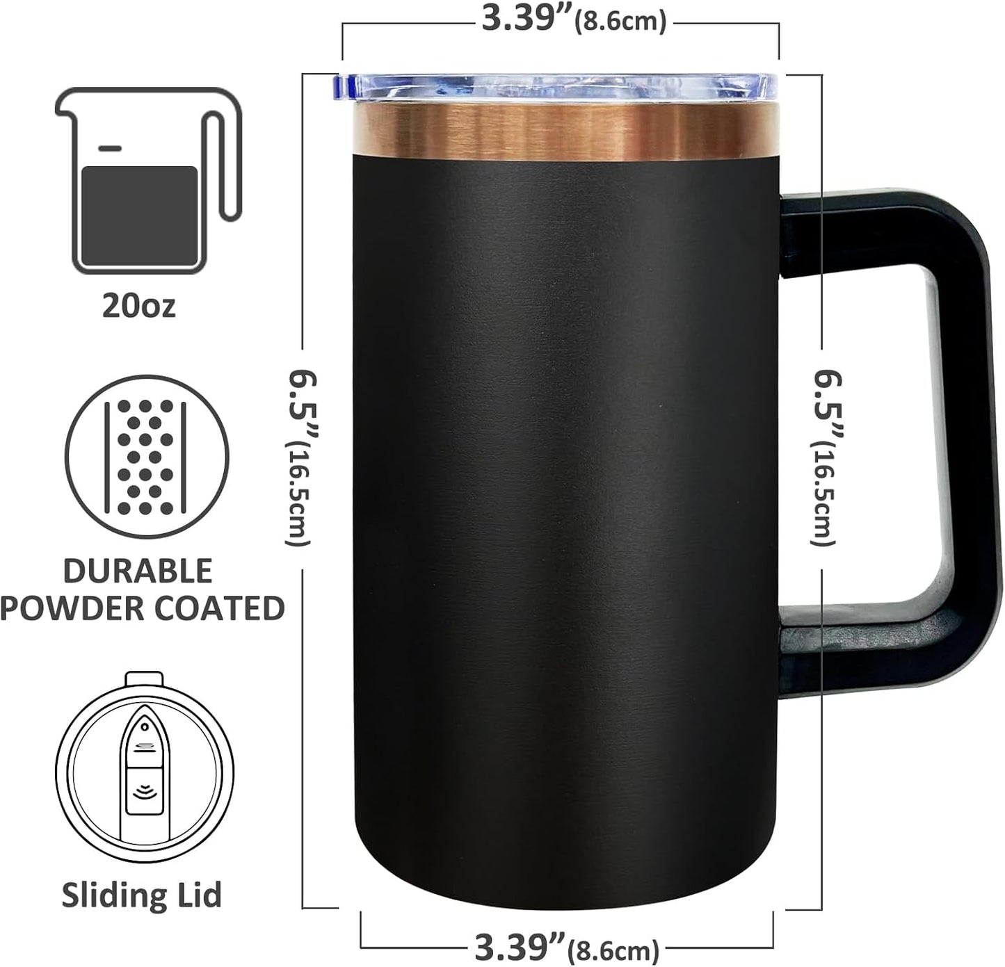 20 oz Insulated Coffee Mug with Lid, 8 Pack Stainless Steel Coffee Tumbler Bulk, Double Wall Vacuum Travel Mug with Handle, Leakproof Powder Coated Coffee Cups for Hot and Cold Drinks (Black,8 pack)