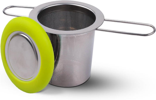 Fenshine Tea Infuser Stainless Steel Tea Strainer Folding Handle Tea Filter Extra Fine Mesh Strainer Brewing Basket with Lid for Loose Leaf Tea (Green)