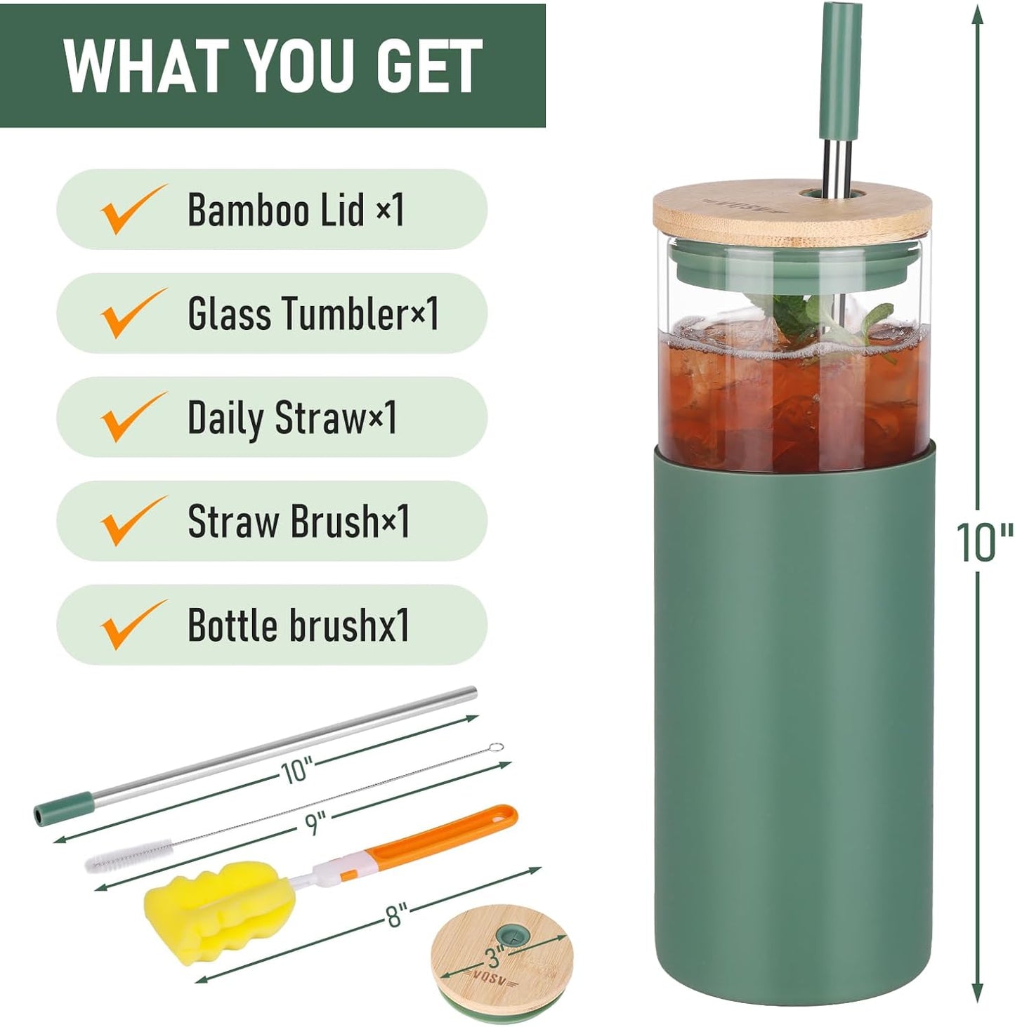 Glass Tumbler w/Lids & Straw: 24 oz Reusable Glass Cup w/Bamboo Lid, Stainless Steel Straws, BPA-Free, Leak-Proof, Dishwasher Safe for Coffee/Smoothies/Hot Beverage, Travel/Office/Home Use, 1-Pk