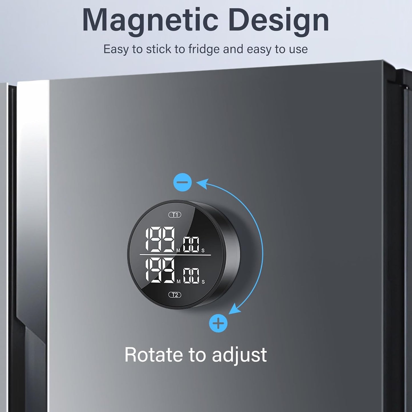 Dual Digital Kitchen Timer for Cooking, 199 Minutes Countdown & Stopwatch, Productivity Timer for Fridge, Big Digits, High-Definition Display, Rotary Adjustment, 3 Volumes, 2 Brightness Levels, Black