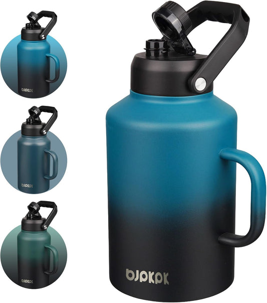 BJPKPK 1 Gallon Water Bottle with Handle, Large Dishwasher Safe 128oz Insulated Water Bottle, BPA Free Water Jug, Wide Mouth Metal Water Bottle with Anti-slip Bottom, Keep Cold & Hot,Blue & Black