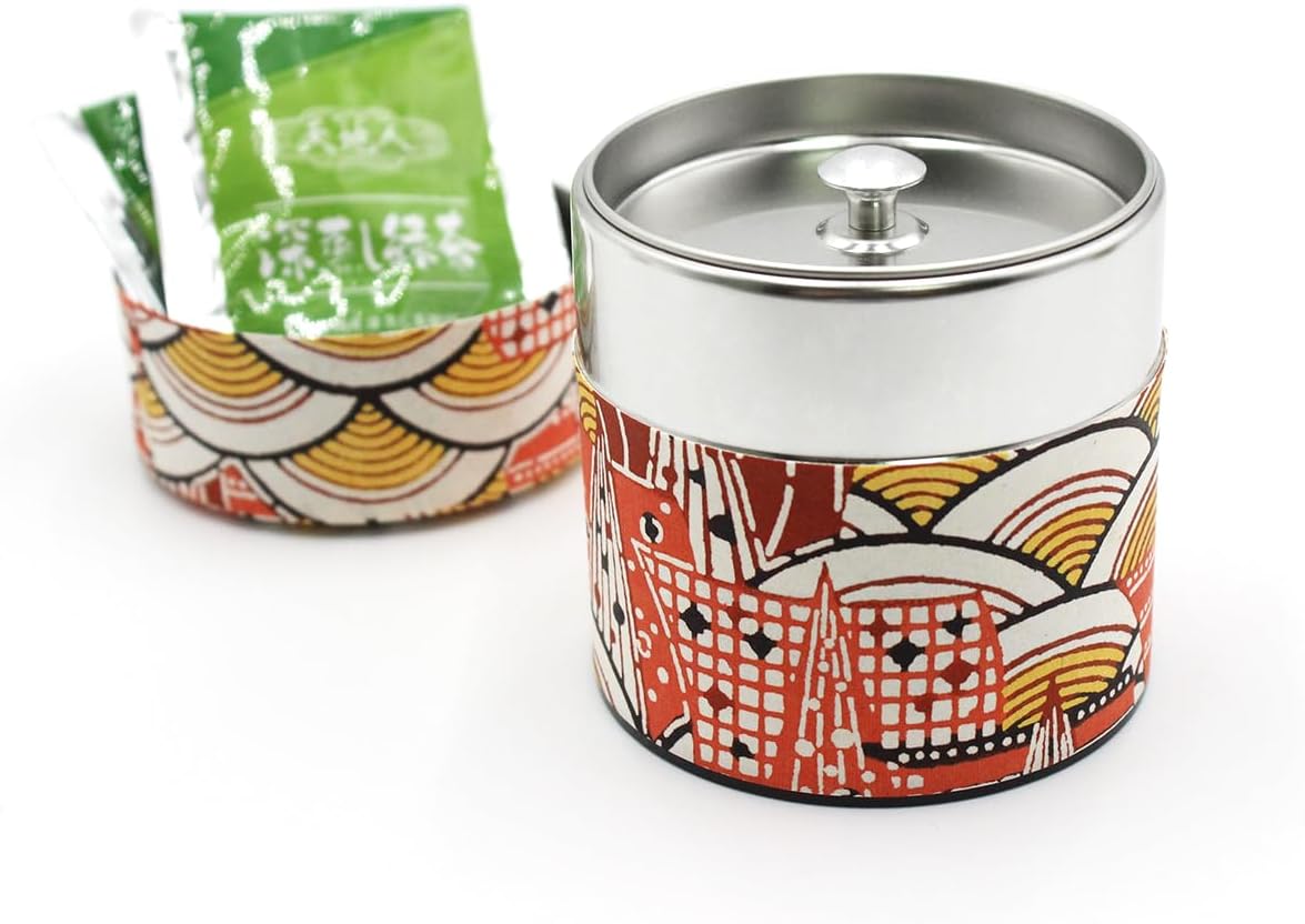 Japanese Pokkan Coffee Spice Tea Tin Canister Washi Paper Storage with Lid 7.05 oz Capacity (Modern Seigaiha, S)
