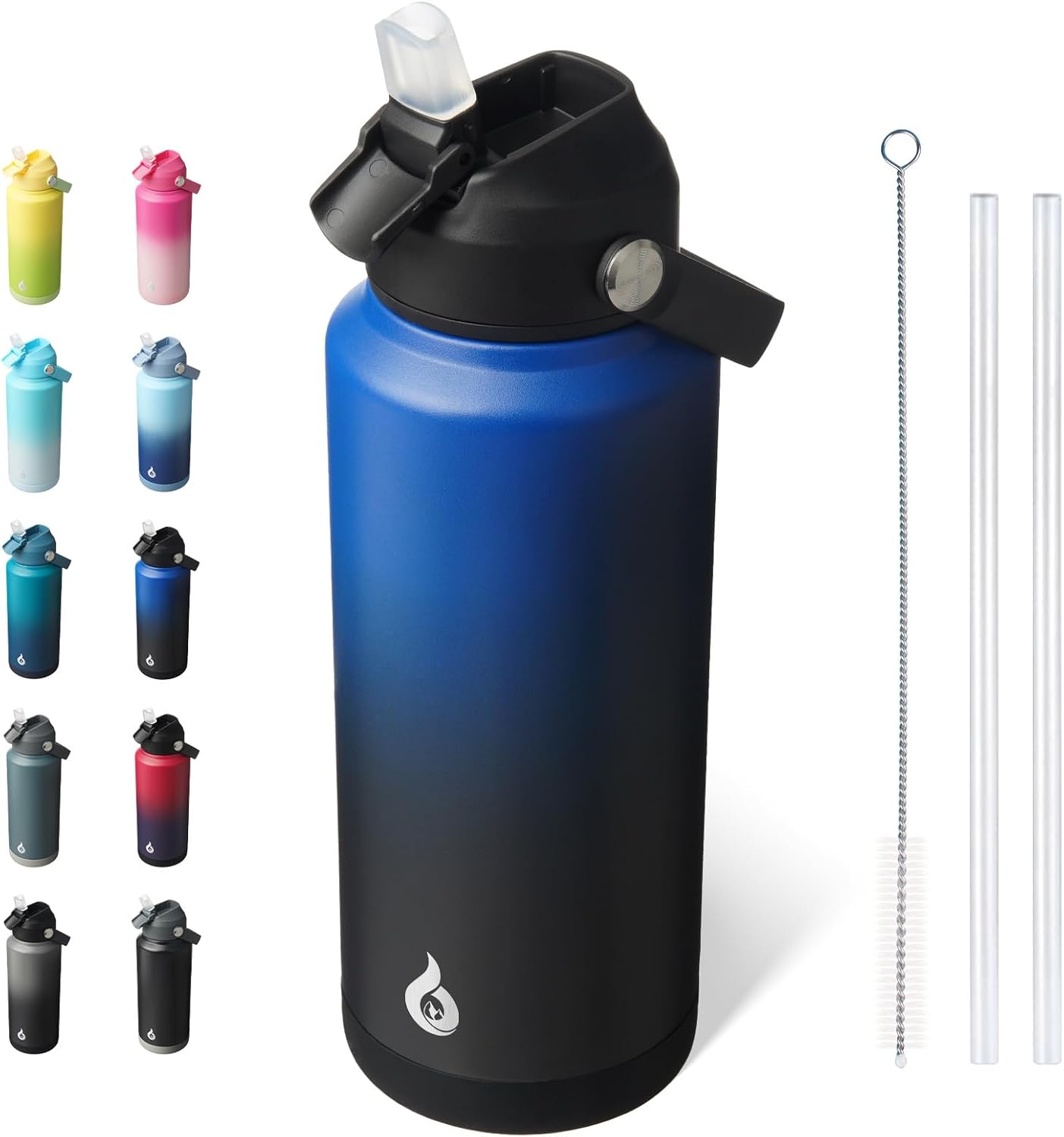 BJPKPK Water Bottle with Straw Lid, 32oz Vacuum Insulated Water Bottles, Metal Stainless Steel Thermos for Sports, Travel, BPA Free Leak Proof Thermos, Cups, Flasks, Tumblers,Black Blue