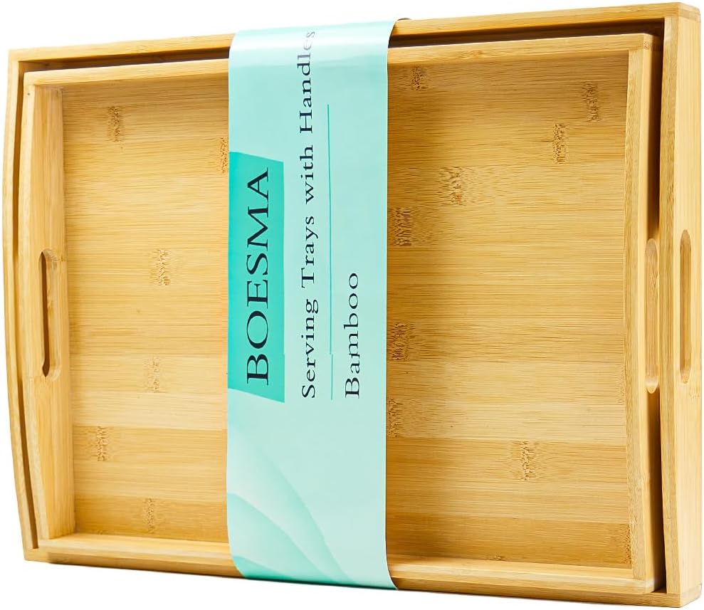 Set of 2 Bamboo Serving Tray with Handles, Decorative Wooden Tray for Breakfast, Dinner, Coffee Table - Portable Bamboo Tray for Ottoman, Kitchen, Living Room Bedroom, Outdoor Scenarios and More