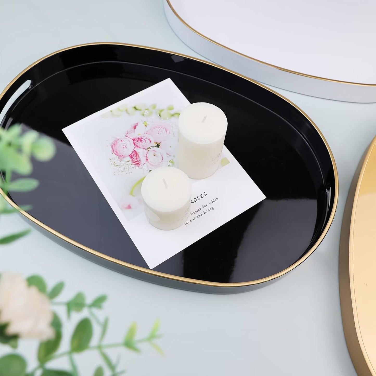 Black Oval Decorative Tray with Handles, Versatile Serving Tray for Coffee Table, Ottoman, Ideal for Serving, Displaying, Organizing