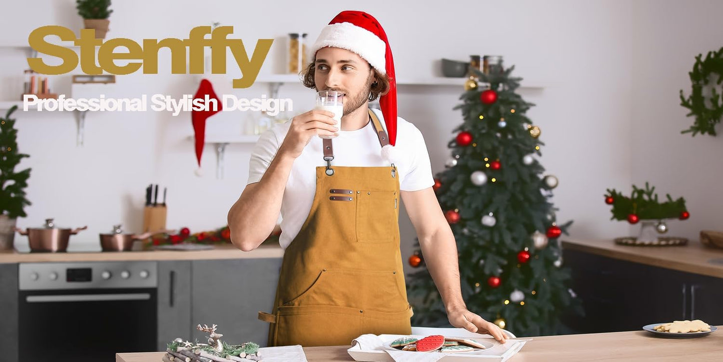 5 Pack Kitchen Aprons, Work Apron, Canvas, Multiple Pockets, Gardening, Painting, BBQ, Artist, Carpenter, Sizes M to XXL, Khaki