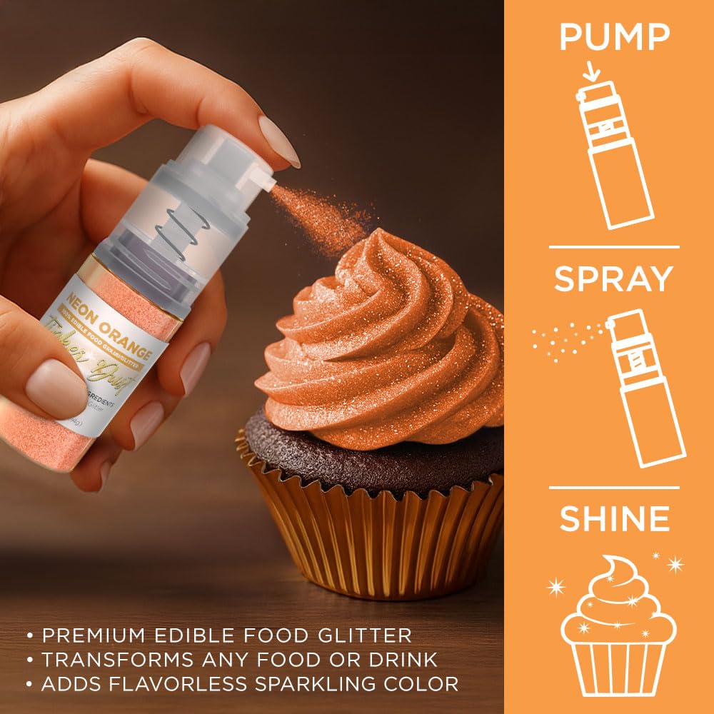 Bakell - Neon Orange Tinker Dust (4g, 1x Mini Spray Pump) Edible Glitter for Food, Desserts, and Beverages!