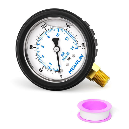 MEANLIN MEASURE 0~200Psi Stainless Steel Liquid Filled Pressure Gauge 1/4" NPT 2.5" FACE DIAL with Rubber Protective Sleeve, Lower Mount