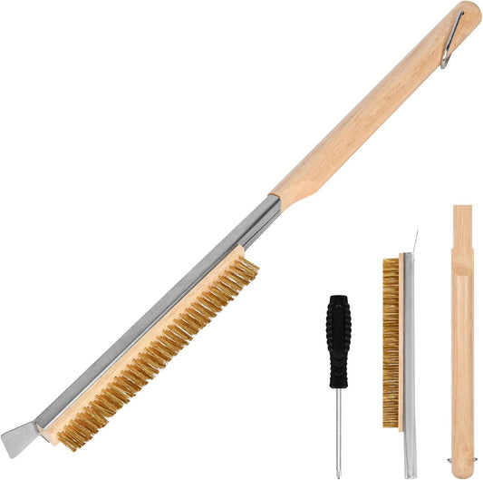 Pizza Oven Brush, 21" Brush and Stainless Steel Scraper for Pizza Stone, BBQ Grill Cleaning Brush Non Scratch Heat Proof Brass Bristles with Screwdriver, Outdoor Pizza Oven and Accessories