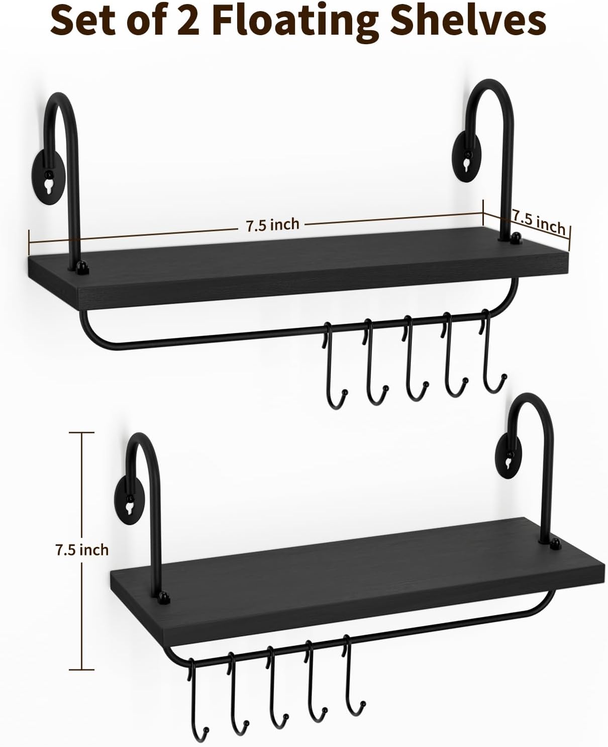 Olakee Floating Wall Shelves for Kitchen Bathroom Coffee Nook with 10 Adjustable Hooks for Mugs Cooking Utensils or Towel Rustic Storage Shelves Set of 2/17x5.9 inch (Black)