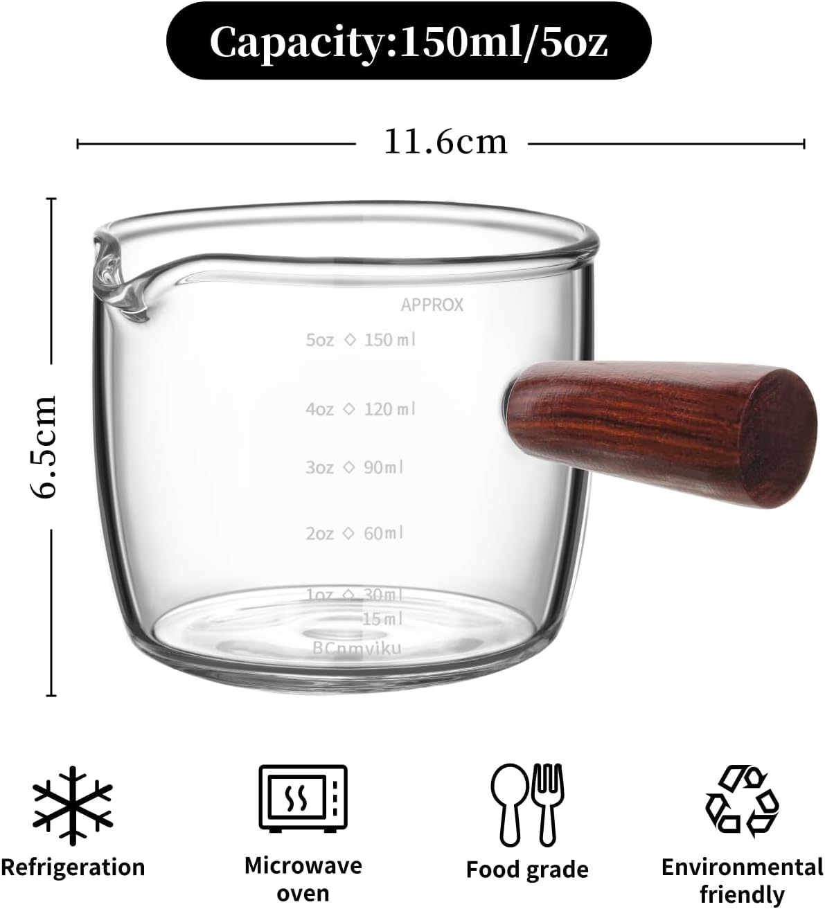 BCnmviku Espresso Shot Glass 150ML/5OZ Triple Pitcher Barista Single Spouts With Wood Handle (2)