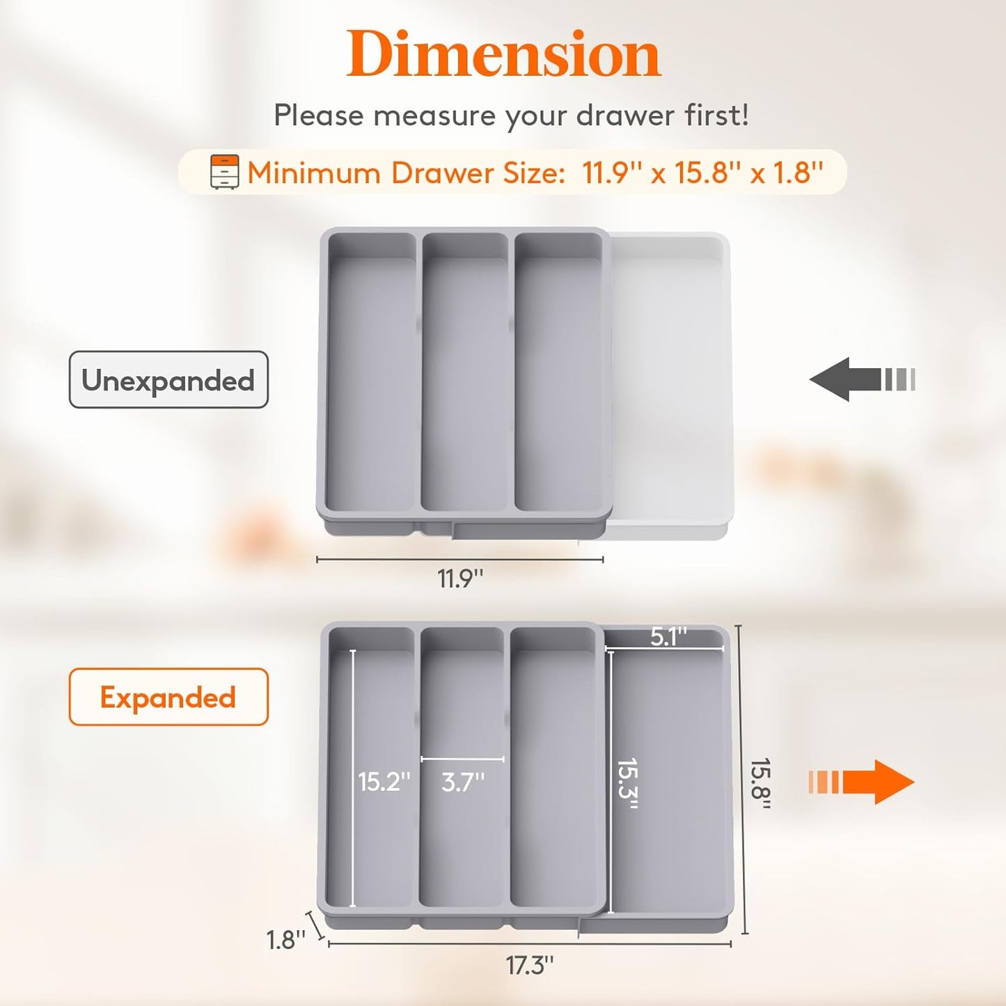Lifewit Utensil Drawer Organizer, Expendable Cooking Silverware Tray for Kitchen Drawer, Adjustable Cutlery Flatware Holder, Plastic Spatula Tools and Gadgets Storage Divider, 4 Compartments, Gray