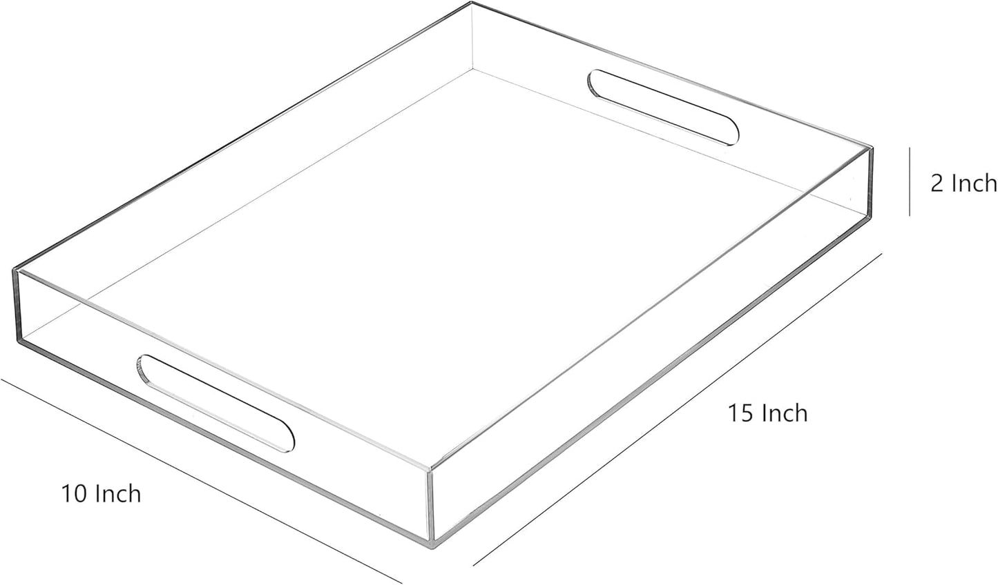 Clear Sturdy Acrylic Serving Tray with Handles-10x15Inch-Serving Coffee,Appetizer,Breakfast,Butler-Kitchen Countertop Tray-Makeup Drawer Organizer-Vanity Table,Ottoman Tray-Decorative Tray
