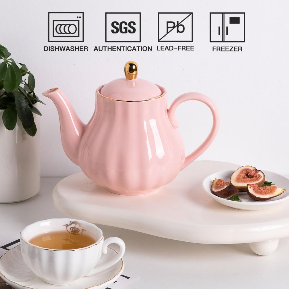 Sweejar Royal Teapot, Ceramic Tea Pot with Removable Stainless Steel Infuser, Blooming & Loose Leaf Teapot - 40 Ounce (Pink)