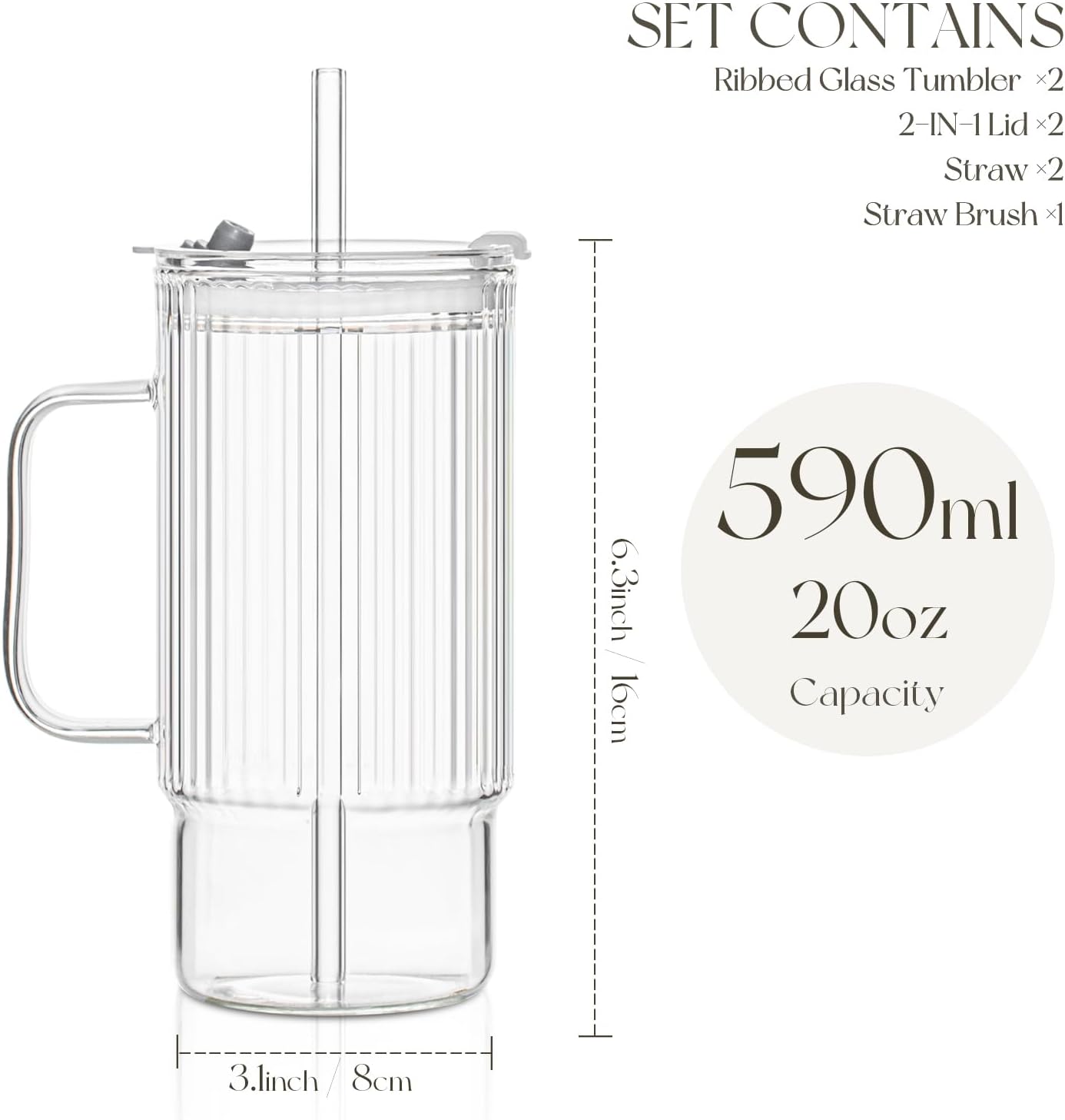 KEMORELA 2PCS 20 Oz Ribbed Glass Tumblers with Lids & Straws – Handle Iced Coffee Cups, Reusable Clear Drinkware for Smoothies & Cold Beverages – Dishwasher Safe