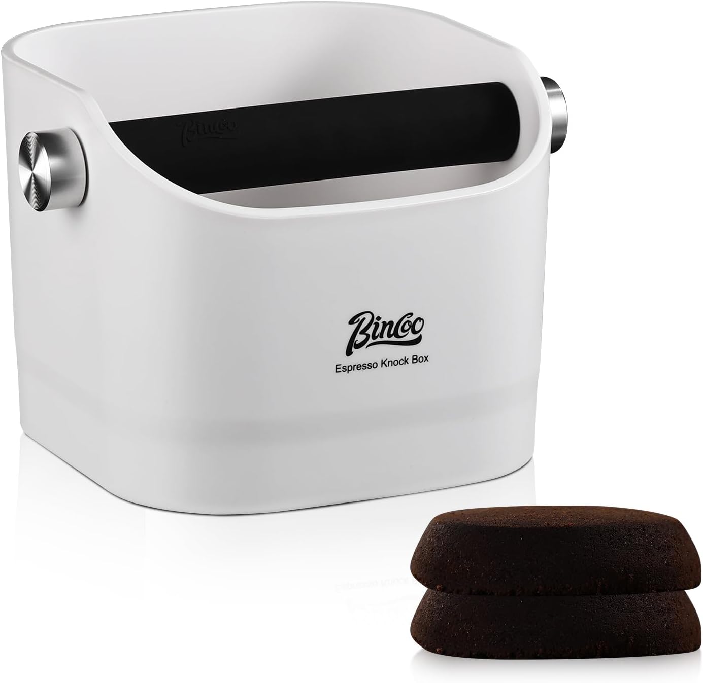 Bincoo Square Coffee Knock Box 0.8L – ABS Espresso Knock Bin with Non-Slip Base, Wide 4.6" Slanted Opening & Detachable Silicone Knock Bar for Easy Cleaning and Quiet Use(White(square))
