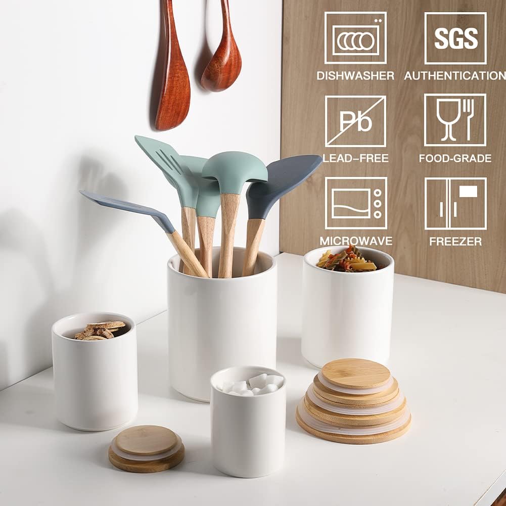 Sweejar Ceramic Canisters Set, Food Storage Jars with Airtight Seal Bamboo Lid, Stackable Containers for Kitchen Counter, Ground Coffee, Flour, Sugar, Cookie, Dog Treats, Candy, Pack of 4 (White)