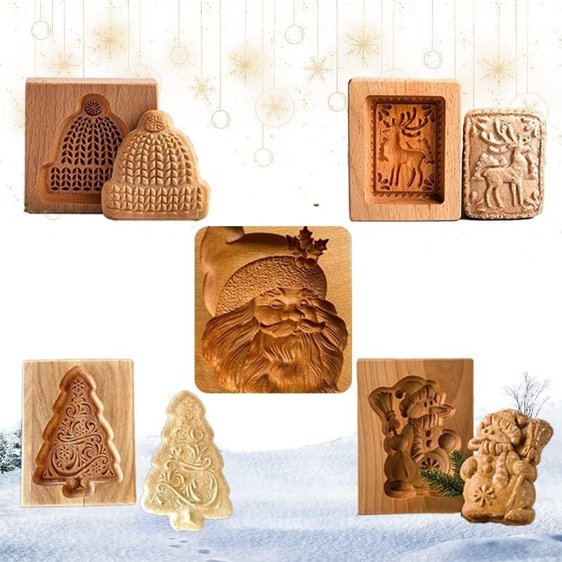 MOTEERLLU Wooden Cookie Molds Baking, Wood Cookie Stamp Cutter Carved Biscuit Embossing Gingerbread Mold