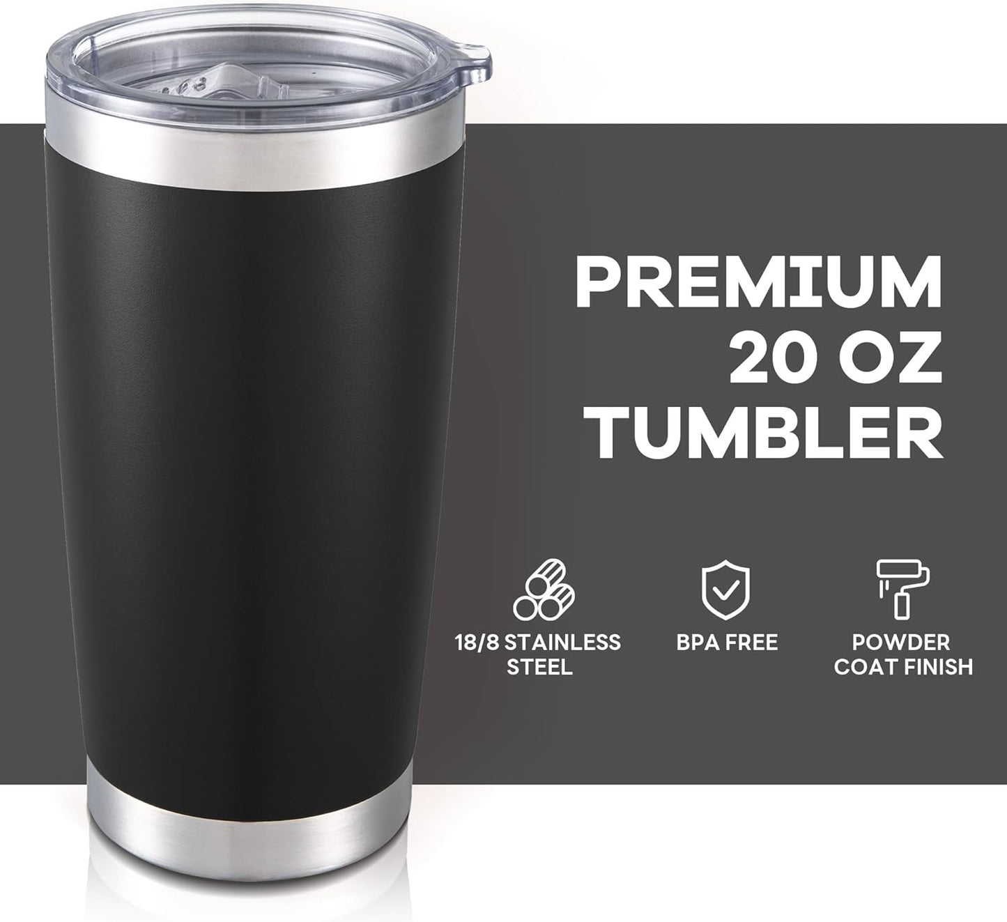 20 oz Tumbler with Lid Stainless Steel Insulated Tumblers Bulk Double Wall Vacuum Cups Powder Coated Travel Mug Keep Drink Cold and Hot, Black, 8 Pack