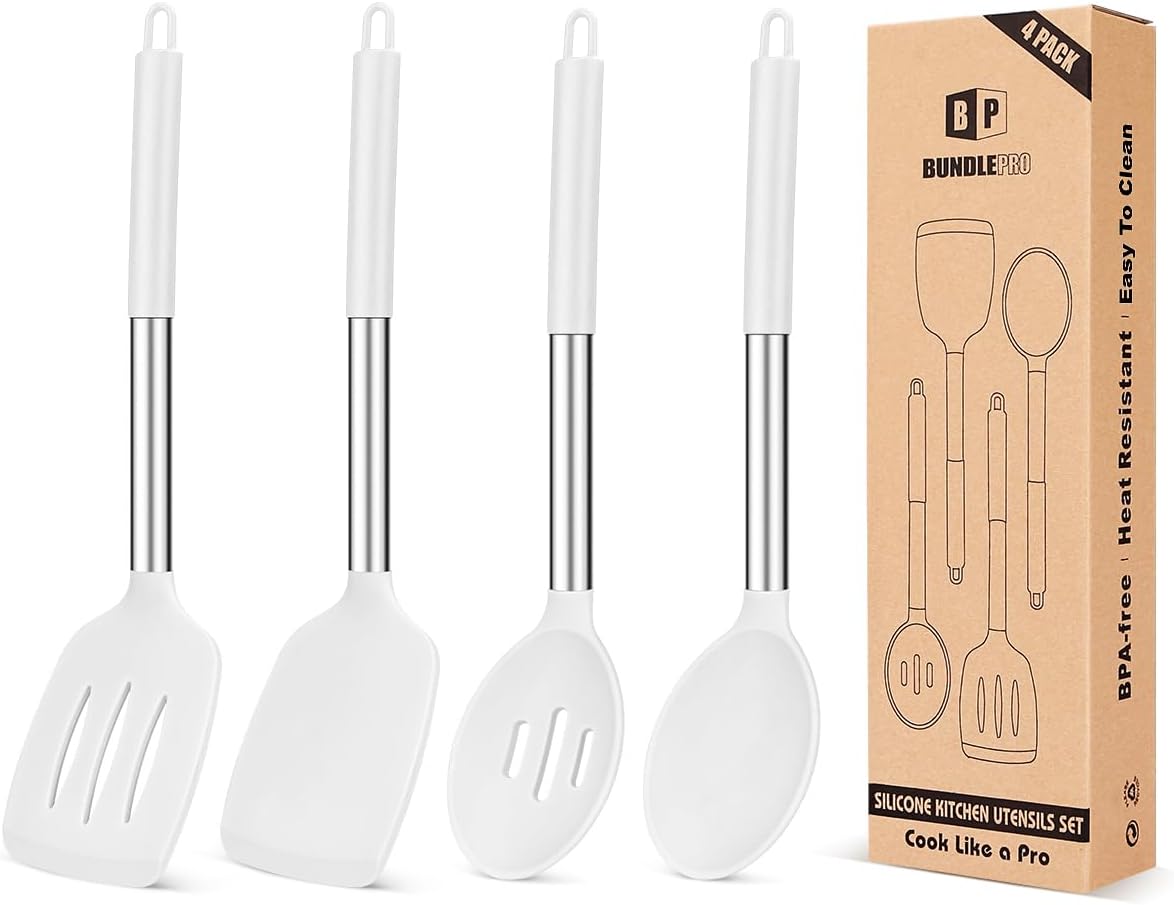 Pack of 4 Silicone Cooking Utensils Set, Non Stick Large Solid Spatulas, Heat Resistant Slotted Spoons, Ideal BPA Free Kitchen Turners for Frying, Mixing,Serving,Draining,Turning,Stirring (WHITE)