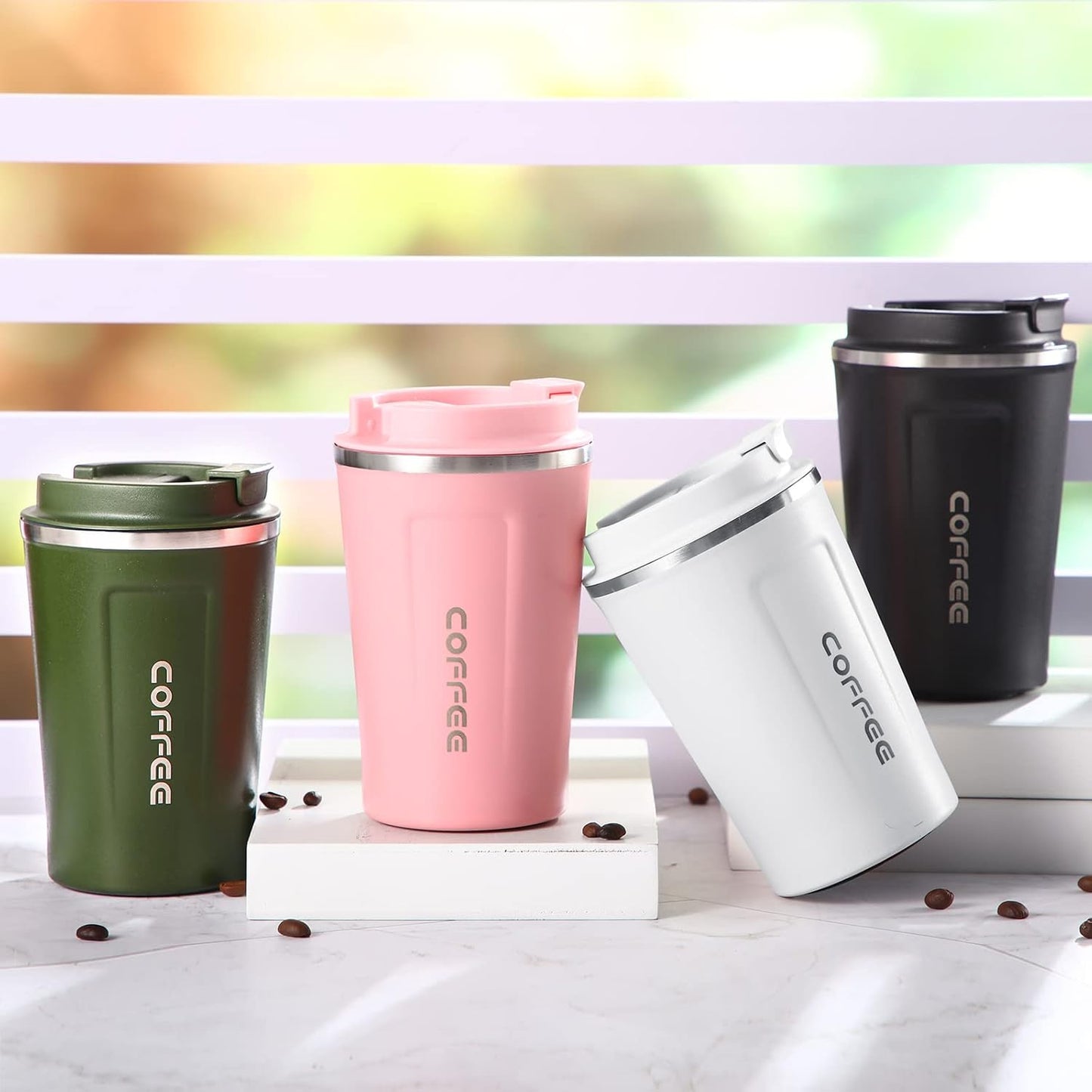 Sieral 4 Pcs 13 oz Travel Coffee Mug Insulated Reusable Coffee Cups with Leakproof Lid Stainless Steel Portable Tumbler for Keep Hot or Ice Milk Tea(Black, White, Pink, Green)