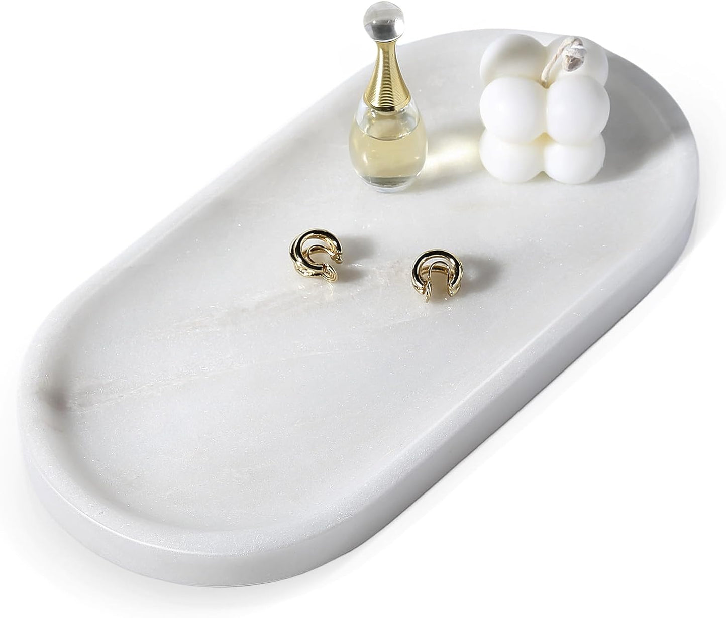 Koville African Natural White Marble Decorative Tray, 10" x 5" Marble Vanity Tray for Bathroom Countertop Organizer Stone Trays, Catchall Tray for Perfume, Candles, Jewelry (Namib Bianco White)