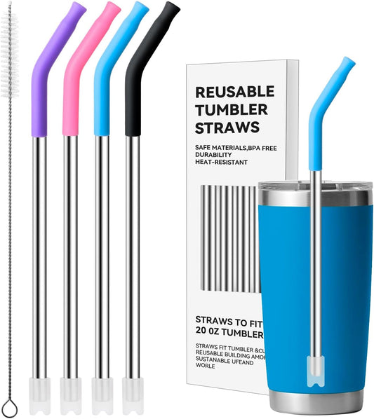Metal Straws with Silicone Tip for 20 oz YETI Tumbler, 4 Pcs Reusable Stainless Steel Straws for 20 oz Stanley Cup and 16 oz Glass Cups(Color 2)