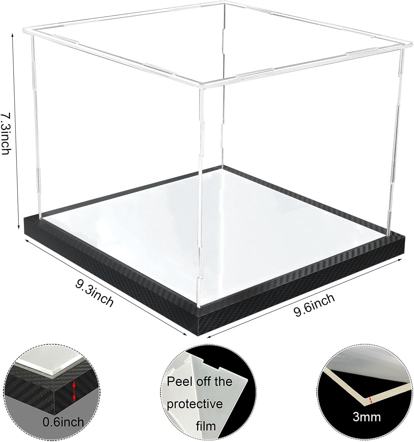Clear Hat Display Case Acrylic Baseball Cap Holder Stand Transparent Hat Storage Box Dustproof Square UV Protection Cabinet with Carbon Fiber Skin Base and Removable Mirror Base