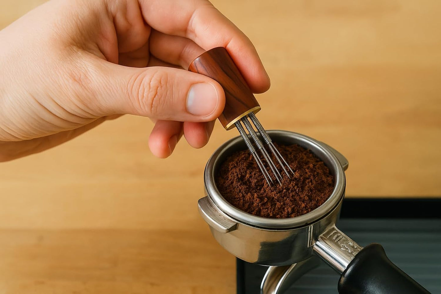 WDT Tool for Espresso – 6x 0.35mm Needles with Stand | Espresso Distribution & Stirring Tool | Wooden Handle Barista Accessory for Even Extraction & Better Crema