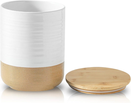 Hasense 80oz White Ceramic Food Storage Jar with Bamboo Lid – 7.5 Inch Minimalist Kitchen Canister for Pantry, Dry Goods, Sugar, Tea, Flour – Airtight Wide Mouth Container with Natural Base