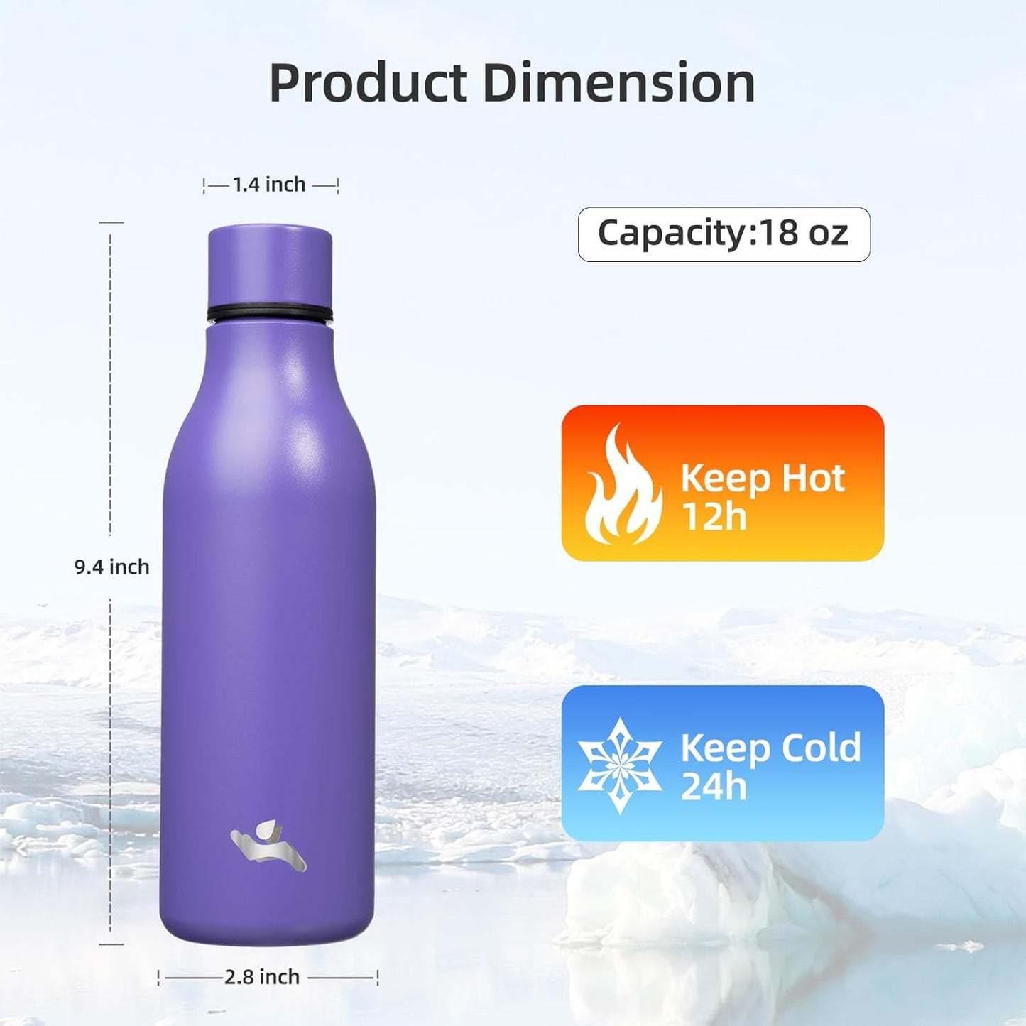 Insulated Water Bottle with Strap,18 oz Double Wall Stainless Steel Vacuum Bottles Metal Water Flask,Purple