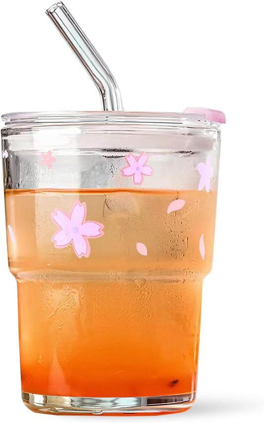 Iced Coffee Cup, 15Oz/450ml With Lids and Straws, Thick Wall Glass Mug for Tea Water, Cute Tumbler Gifts (Pink)